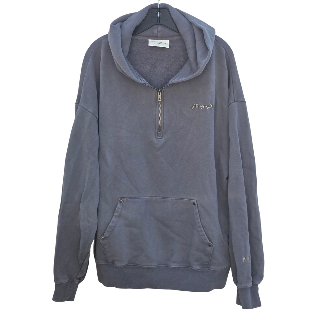 YoungLA Rivet Washed Slate Blue Quarter Zip Oversized Hoodie Streetwear Large
